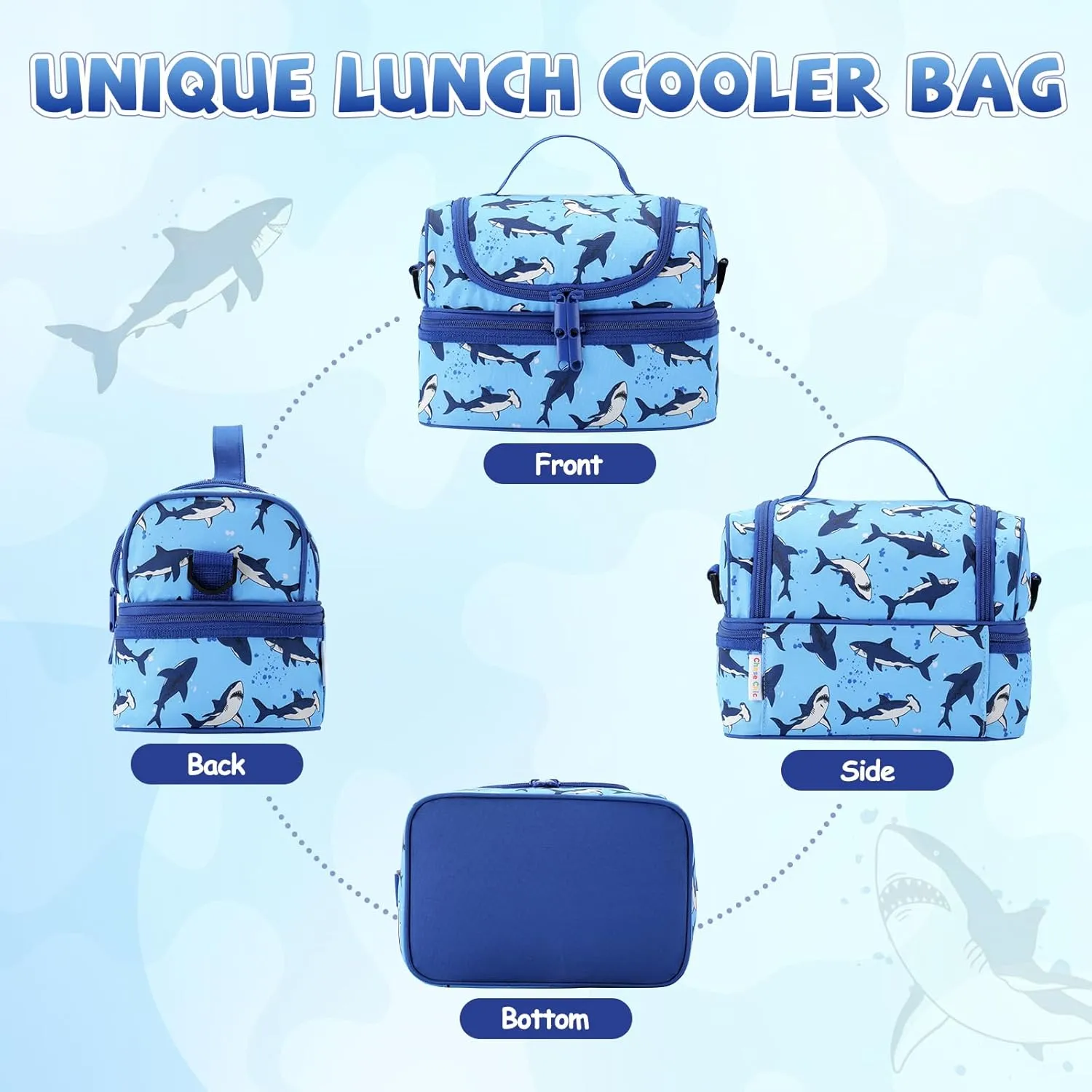 Lunch Bag for Boys,ChaseChic Insulated Lightweight Lunch Boxes for Kids Girls Dual Compartment Lunch Organizer Leak-Proof Cooler Bag with Detachable Adjustable Shoulder Strap,Blue Shark
