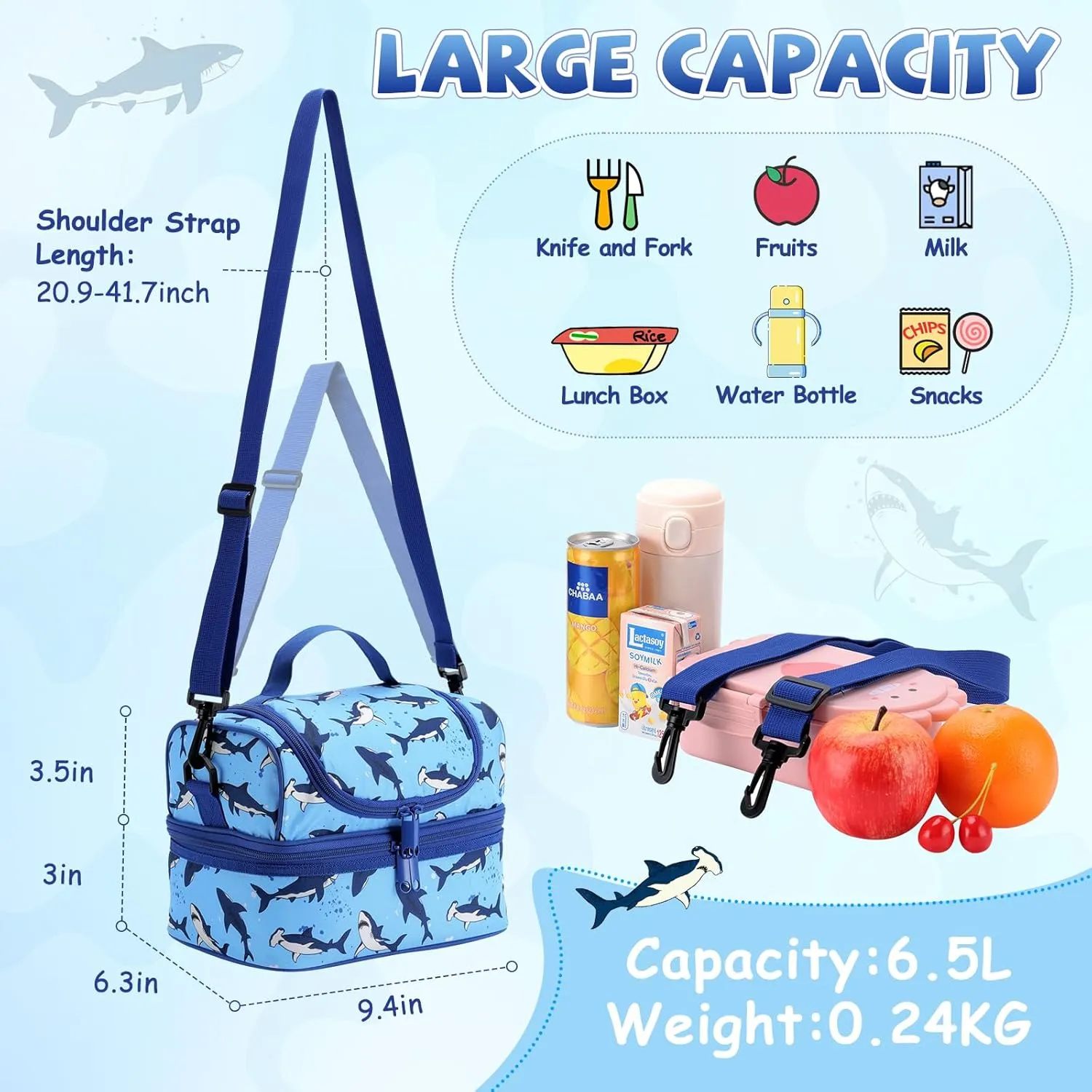 Lunch Bag for Boys,ChaseChic Insulated Lightweight Lunch Boxes for Kids Girls Dual Compartment Lunch Organizer Leak-Proof Cooler Bag with Detachable Adjustable Shoulder Strap,Blue Shark