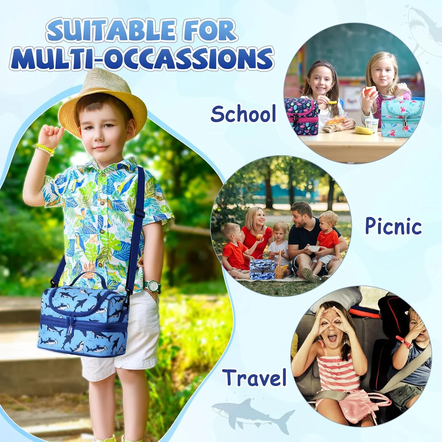 Lunch Bag for Boys,ChaseChic Insulated Lightweight Lunch Boxes for Kids Girls Dual Compartment Lunch Organizer Leak-Proof Cooler Bag with Detachable Adjustable Shoulder Strap,Blue Shark