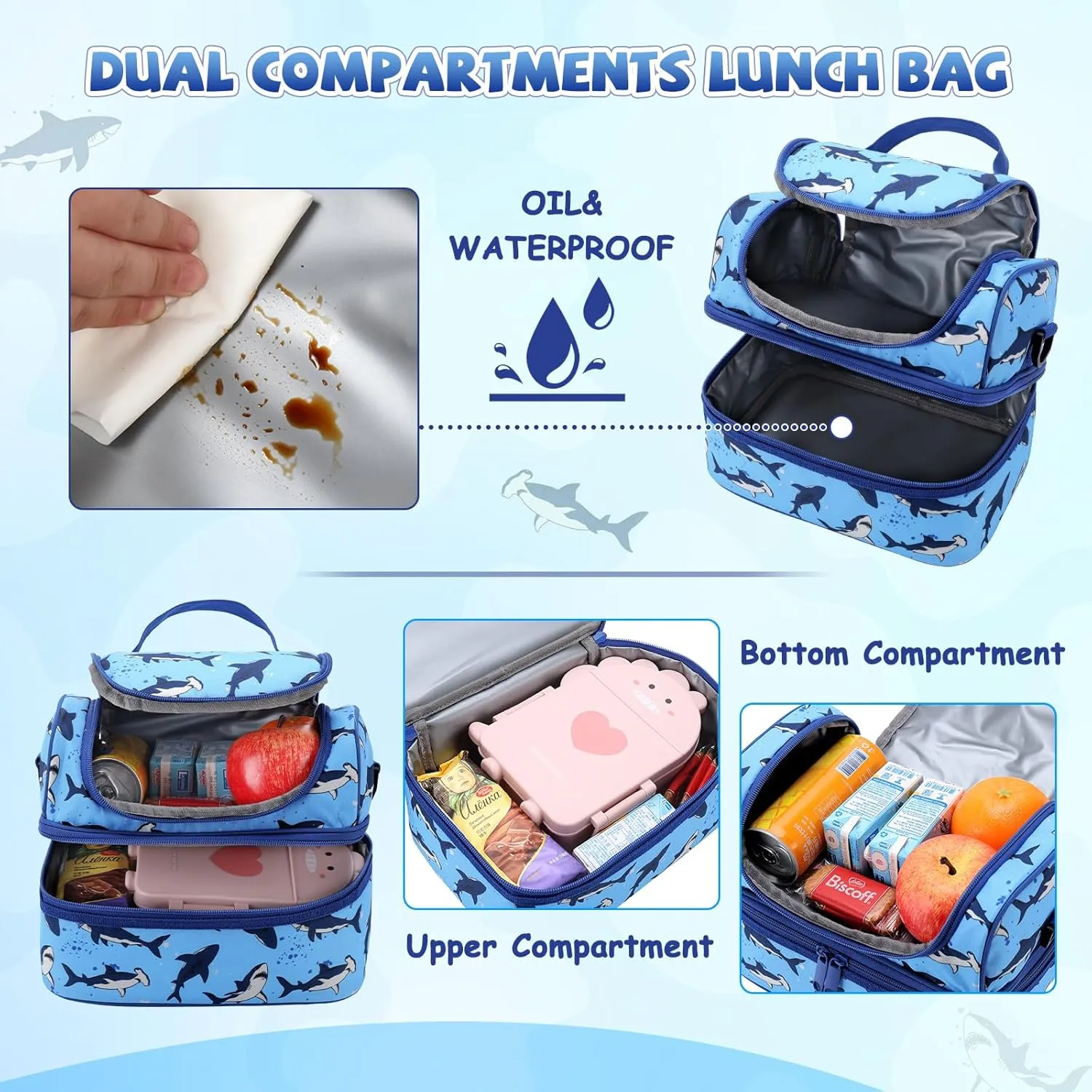Lunch Bag for Boys,ChaseChic Insulated Lightweight Lunch Boxes for Kids Girls Dual Compartment Lunch Organizer Leak-Proof Cooler Bag with Detachable Adjustable Shoulder Strap,Blue Shark
