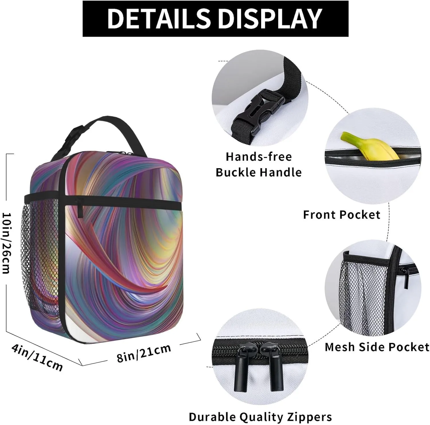 Lunch Bag for Women Men Reusable Insulated Lunch box Flowing Rainbow Lines Cooler Bag Waterproof Lunch Tote Bags