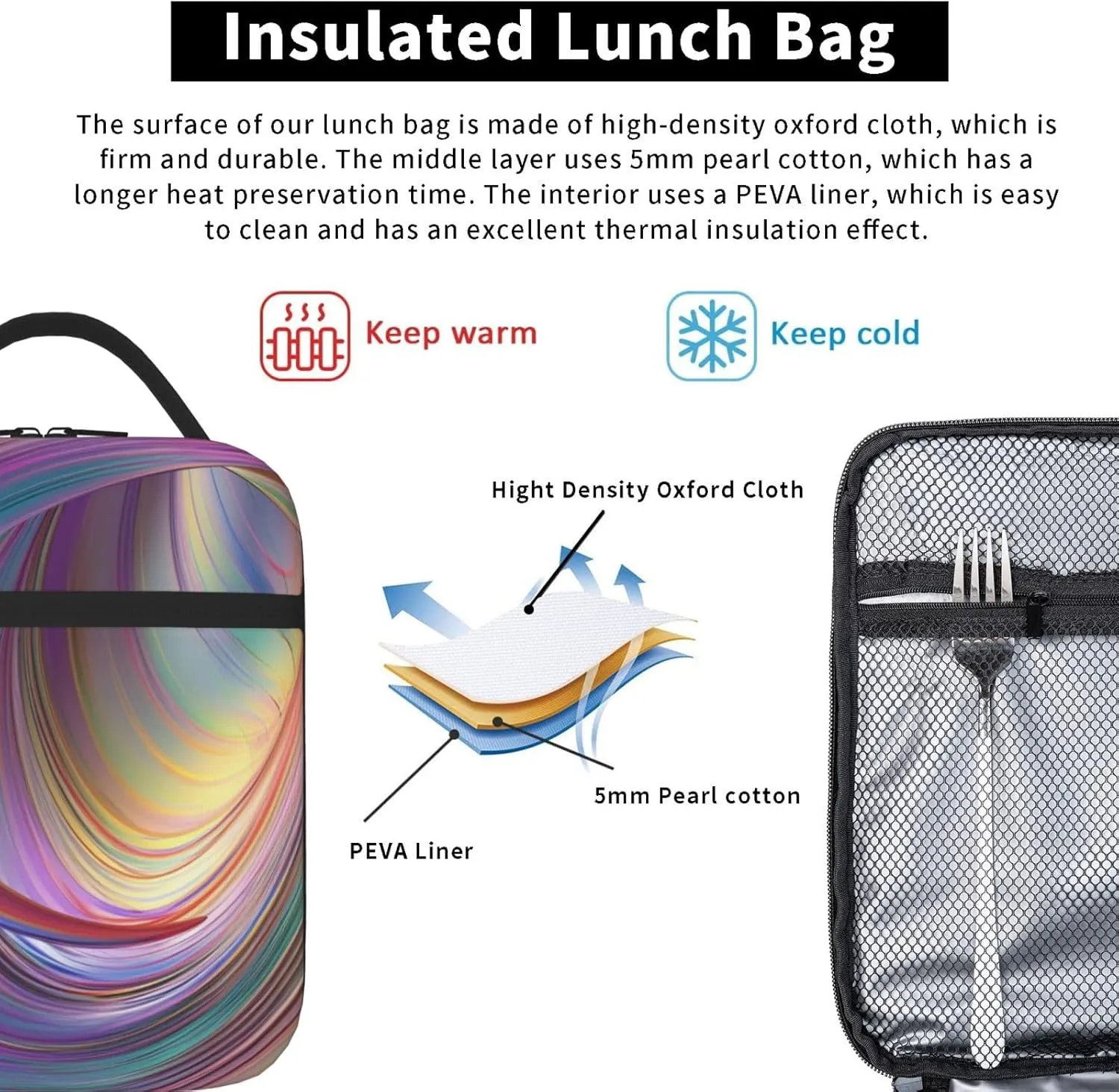 Lunch Bag for Women Men Reusable Insulated Lunch box Flowing Rainbow Lines Cooler Bag Waterproof Lunch Tote Bags