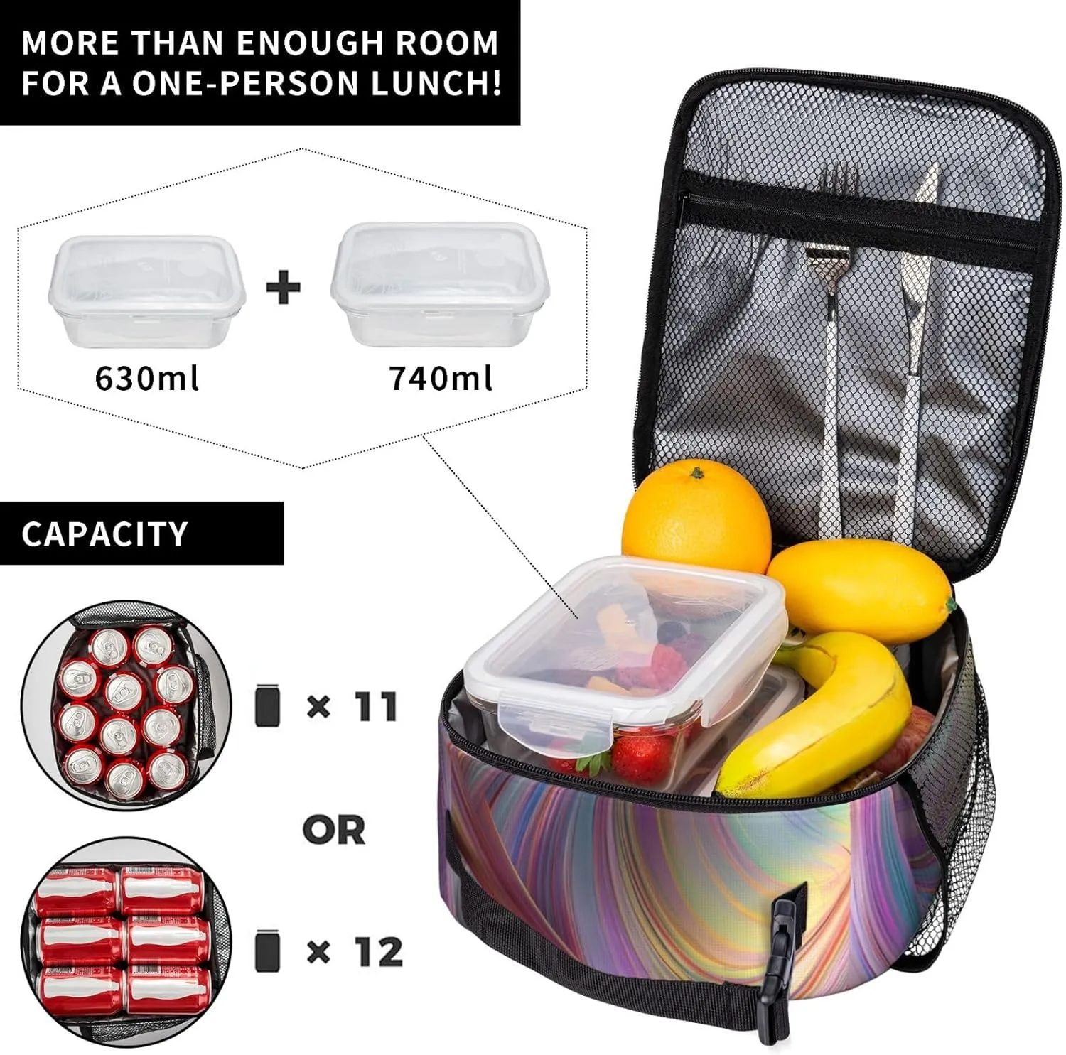 Lunch Bag for Women Men Reusable Insulated Lunch box Flowing Rainbow Lines Cooler Bag Waterproof Lunch Tote Bags