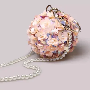 Luxury Pink 3D Floral Evening Clutch Bag with Pearl Chain Strap – Rhinestone-Embellished Metal Ring Handle, Convertible Crossbody/Shoulder Mini Purse for Party & Couture Outfits