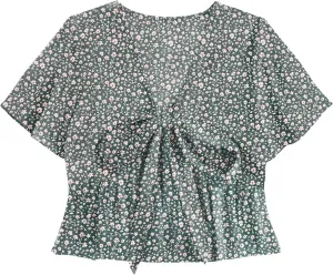 LYANER Women's Floral Print V Neck Tie Knot Ruffle Hem Short Sleeve Blouse Peplum Top