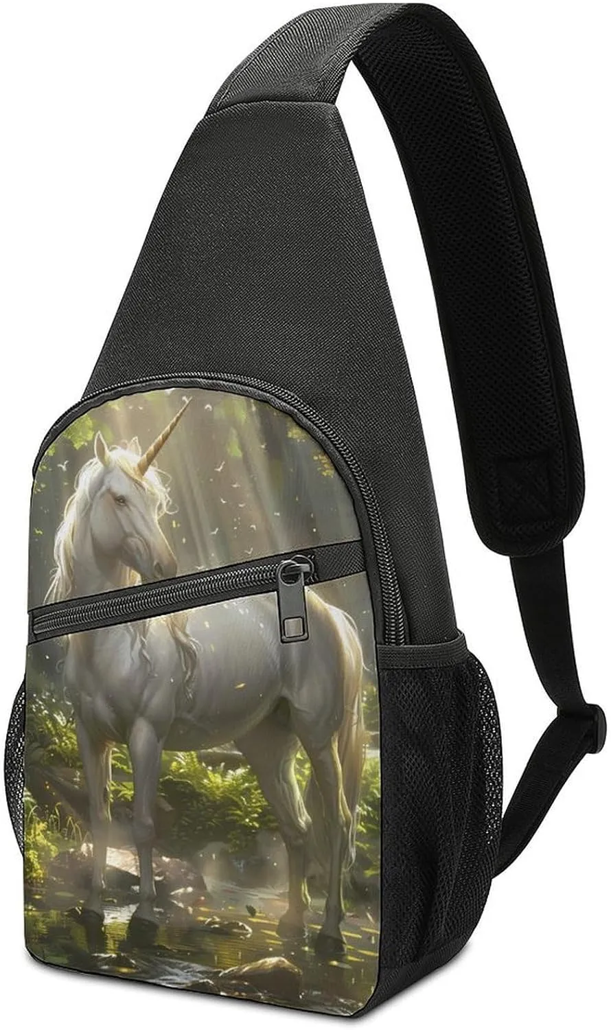 Magical Unicorrn in The Forests Creek Chest Bag for Men Small Sling Backpack Crossbody Sling Bags for Outdoors Hiking Traveling