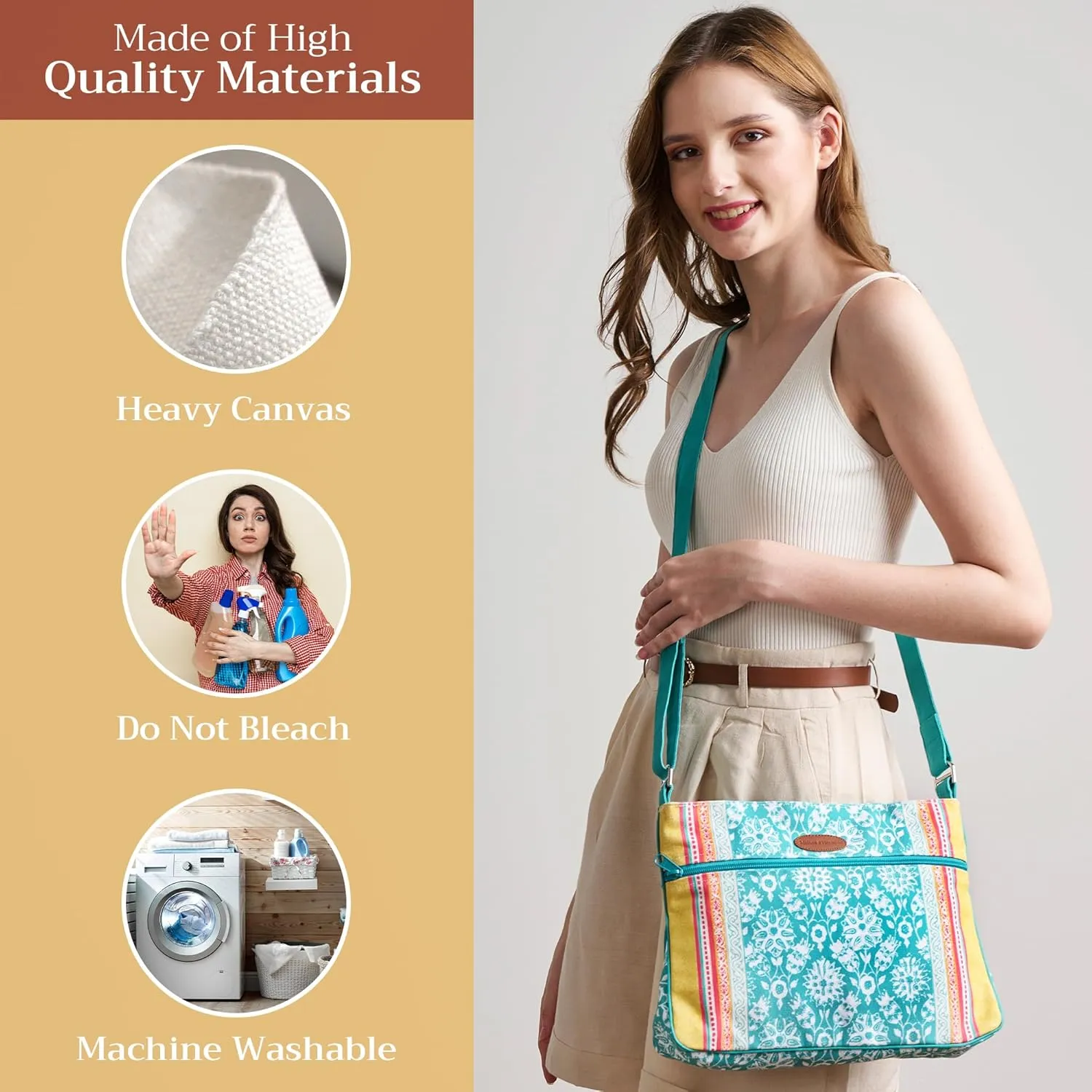 Maison d' Hermine Cross Body Bag Cotton Adjustable Shoulder Strap Hand Bag Tote purse with Zippered & Slip Pockets