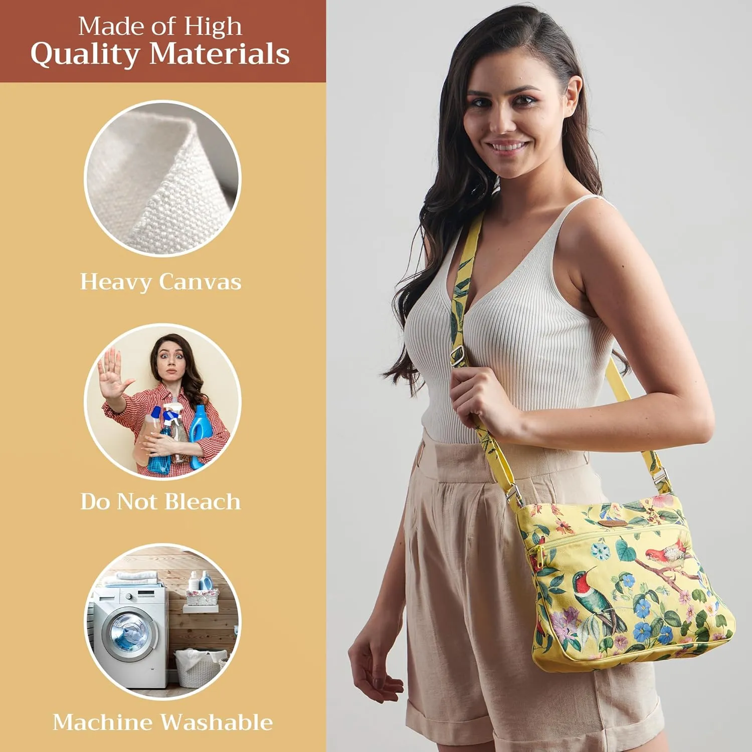 Maison d' Hermine Cross Body Bag Cotton Adjustable Shoulder Strap Hand Bag Tote purse with Zippered & Slip Pockets