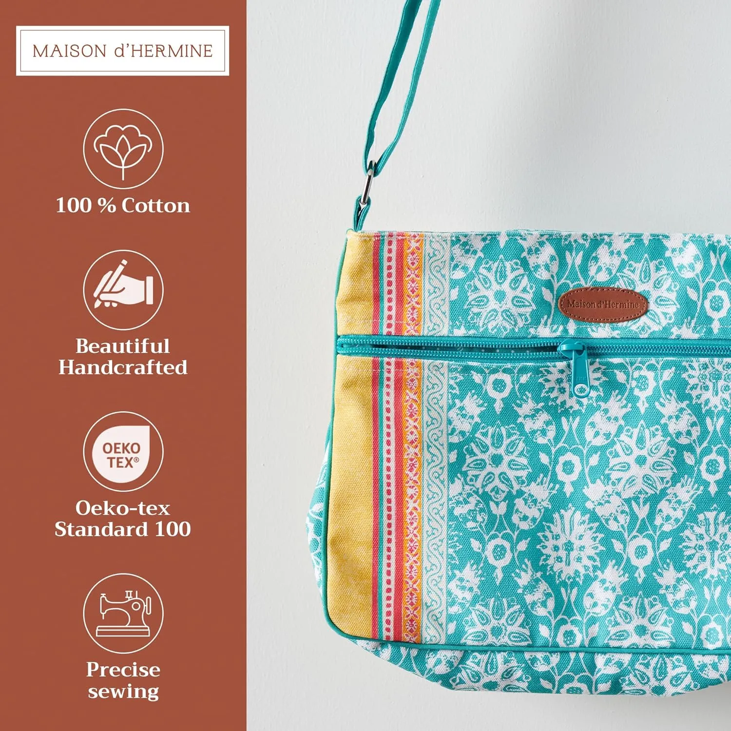 Maison d' Hermine Cross Body Bag Cotton Adjustable Shoulder Strap Hand Bag Tote purse with Zippered & Slip Pockets