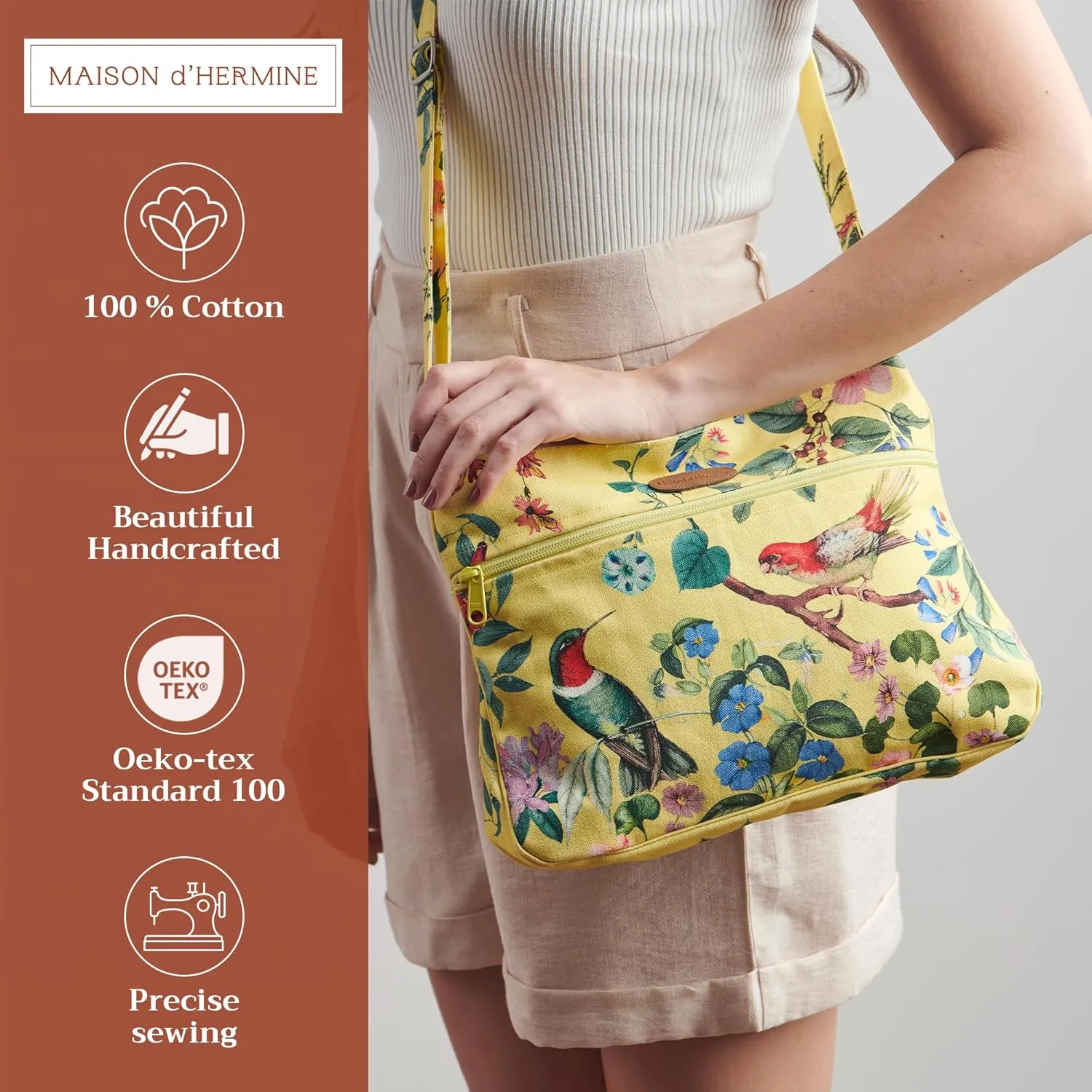 Maison d' Hermine Cross Body Bag Cotton Adjustable Shoulder Strap Hand Bag Tote purse with Zippered & Slip Pockets