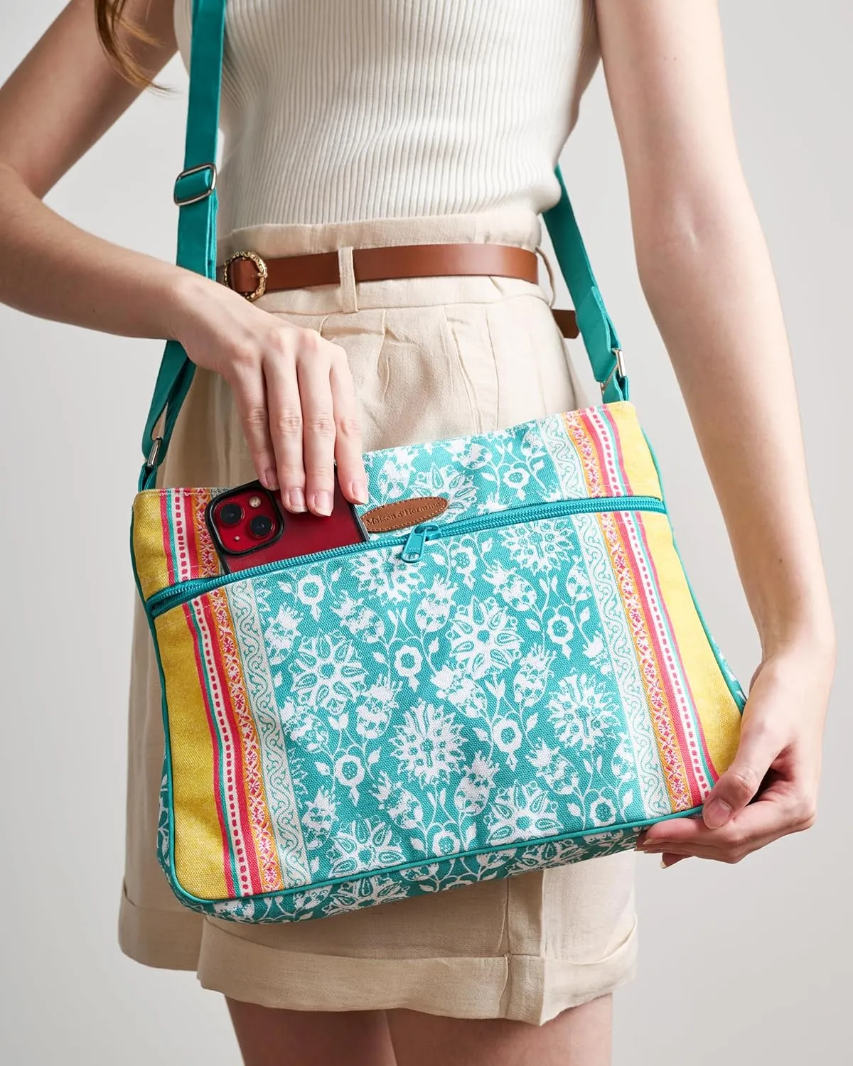Maison d' Hermine Cross Body Bag Cotton Adjustable Shoulder Strap Hand Bag Tote purse with Zippered & Slip Pockets