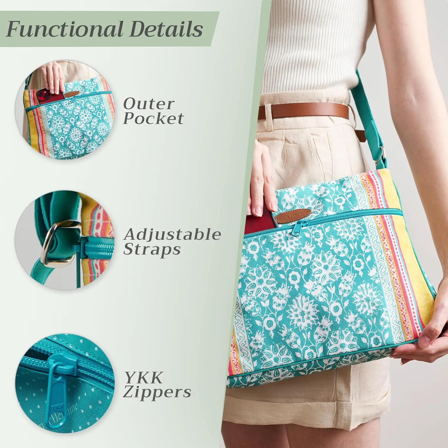 Maison d' Hermine Cross Body Bag Cotton Adjustable Shoulder Strap Hand Bag Tote purse with Zippered & Slip Pockets