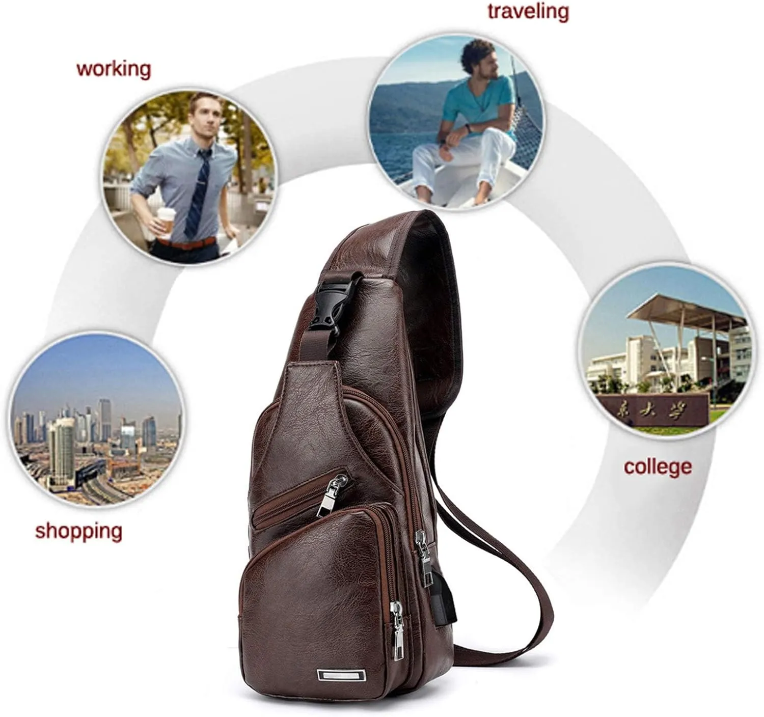 Men's Sling Bag, Business Leather Shoulder Backpacks Campus Travel Crossbody Bag with USB Charging Port