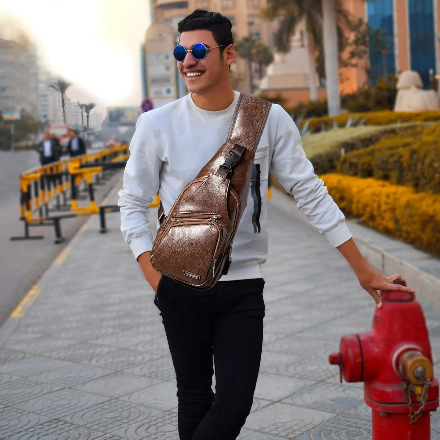 Men's Sling Bag, Business Leather Shoulder Backpacks Campus Travel Crossbody Bag with USB Charging Port