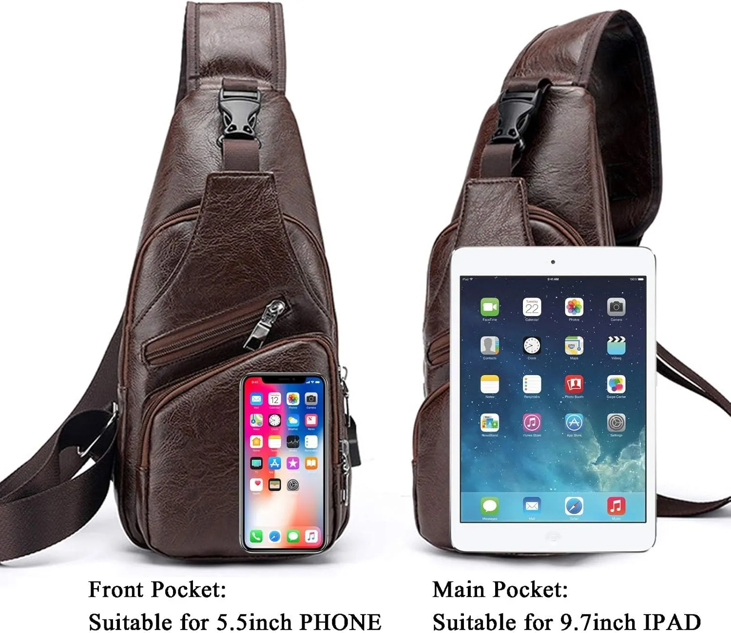 Men's Sling Bag, Business Leather Shoulder Backpacks Campus Travel Crossbody Bag with USB Charging Port