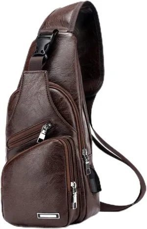 Men's Sling Bag, Business Leather Shoulder Backpacks Campus Travel Crossbody Bag with USB Charging Port