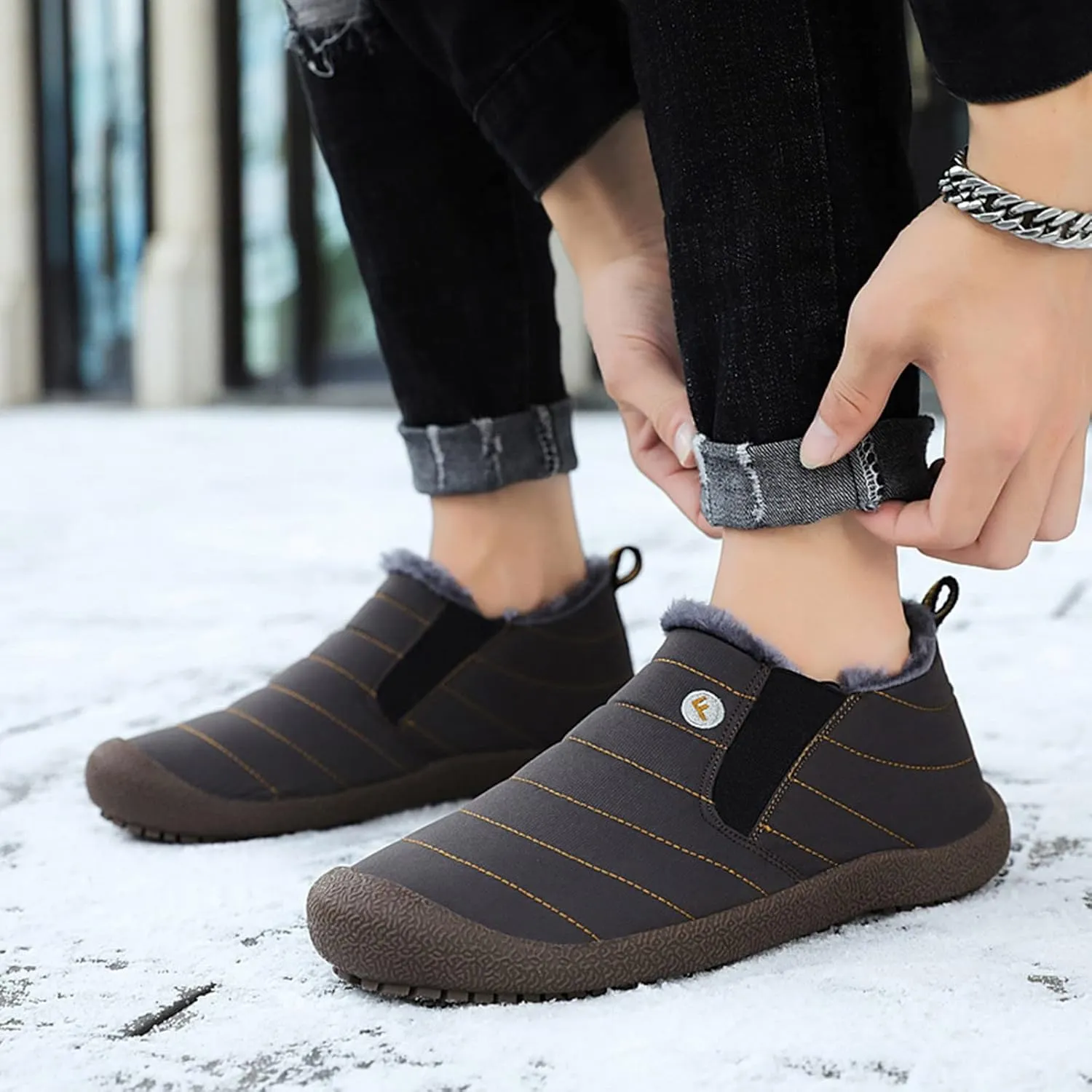 Men's Womens Waterproof Warm Plush Lined Outdoor Snow Ankle Boots Anti Slip Slip On Lightweight Winter Loafers Shoes