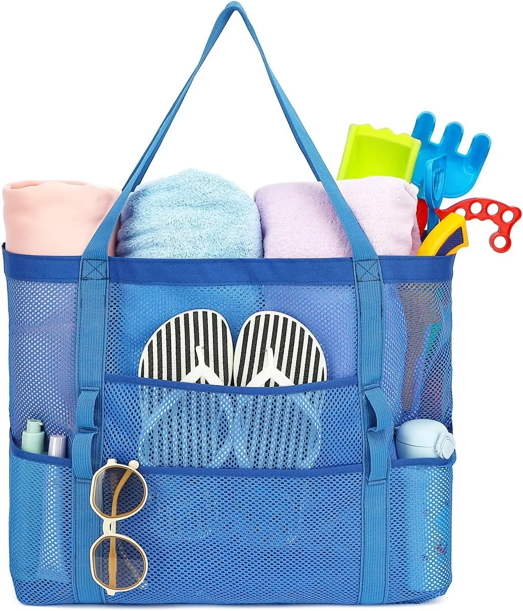 Mesh Beach Bag, Large Beach Tote with Zipper Pocket for Family Pool Bag for Toys & Vacation Essentials