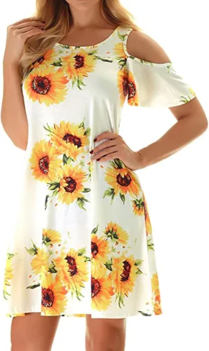 Misyula Style Womens Summer Cold Shoulder Floral Flowy T-Shirt Dress with Pockets