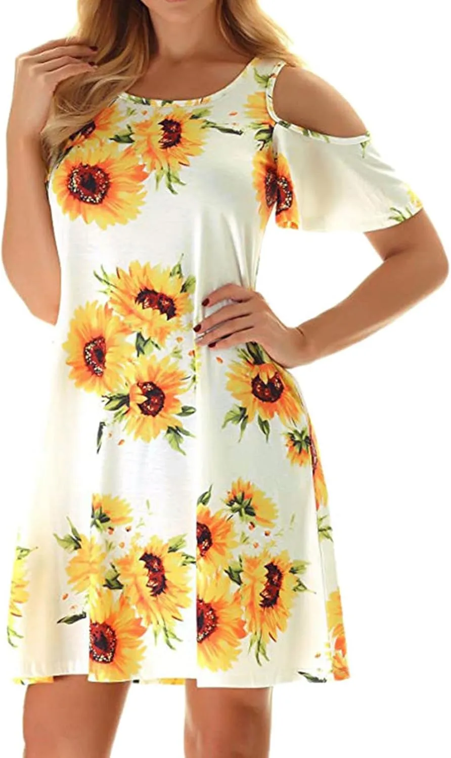 Misyula Style Womens Summer Cold Shoulder Floral Flowy T-Shirt Dress with Pockets