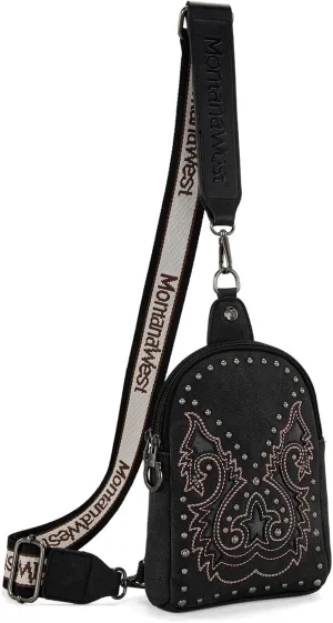 Montana West Cowhead Flora Western Sling Bag for Women Embroidery Cross Body Bag Fanny Pack with Wide Guitar Strap