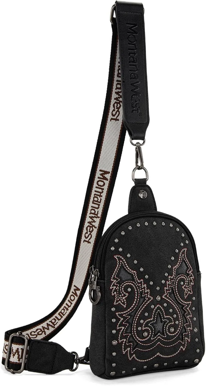 Montana West Cowhead Flora Western Sling Bag for Women Embroidery Cross Body Bag Fanny Pack with Wide Guitar Strap