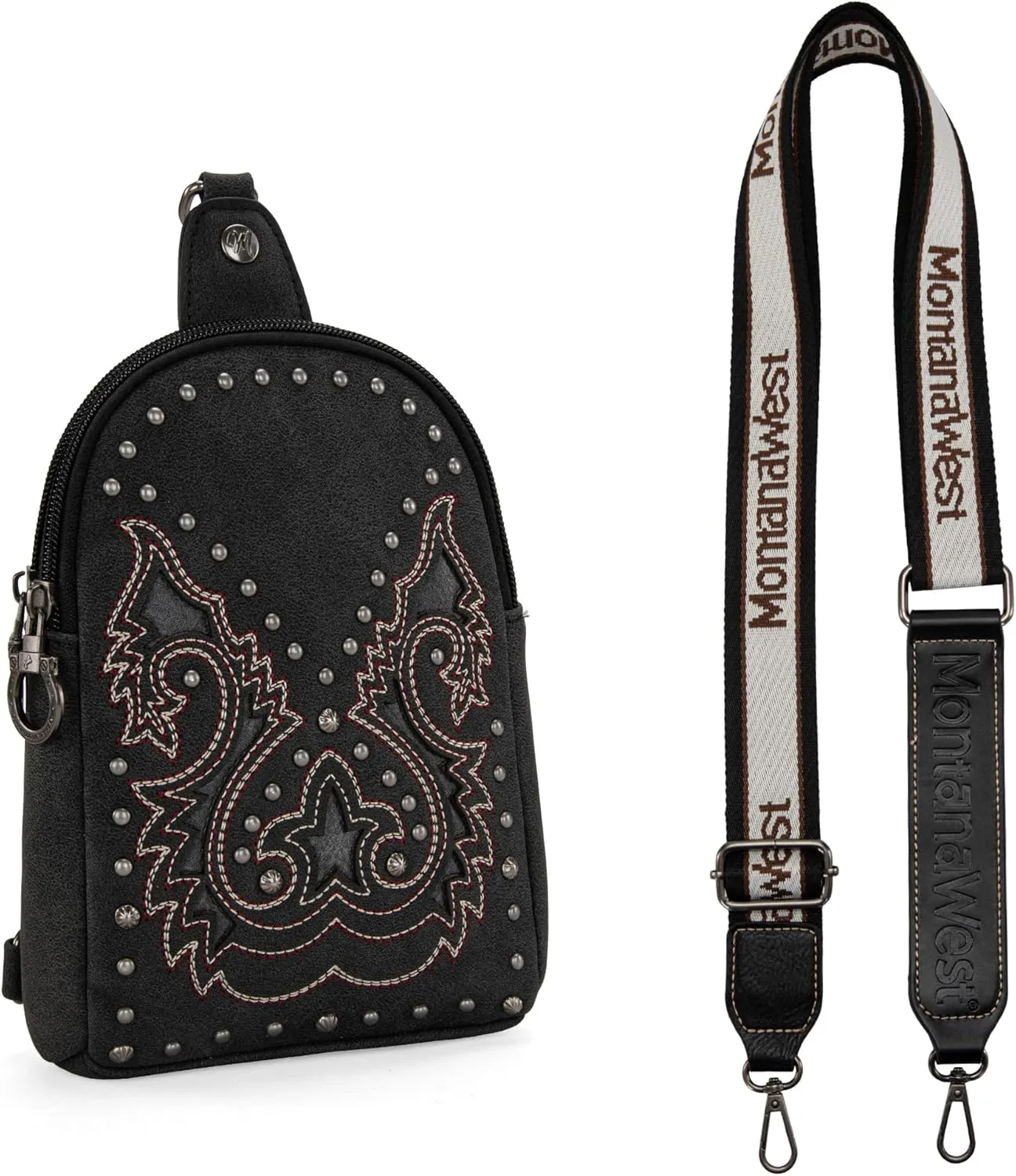 Montana West Cowhead Flora Western Sling Bag for Women Embroidery Cross Body Bag Fanny Pack with Wide Guitar Strap