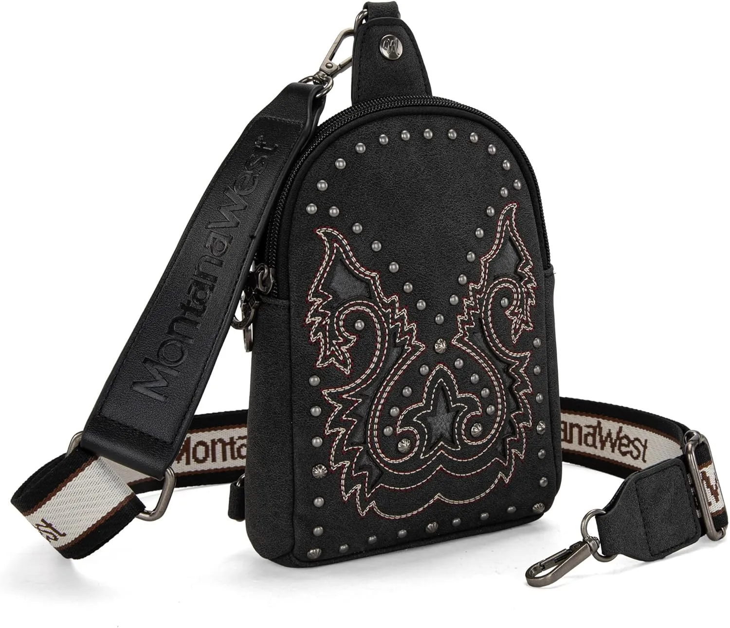 Montana West Cowhead Flora Western Sling Bag for Women Embroidery Cross Body Bag Fanny Pack with Wide Guitar Strap