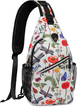 MOSISO Crossbody Sling Backpack, Portable Travel Hiking Daypack Chest Sling Bag Casual Daypack One Strap Chest Backpack for Women Men Outdoor Hiking Travel, Insects & Flowers