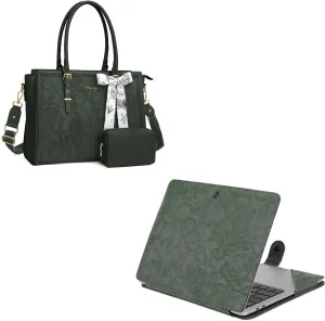 MOSISO Embossed Retro Hibiscus PU Leather Portfolio Protective Stand Cover&Laptop Tote Bag, 15.6-16 inch PU Leather Embossed Retro Hibiscus Computer Bag with Silk Scarf&Clutch Purse, Emerald Green