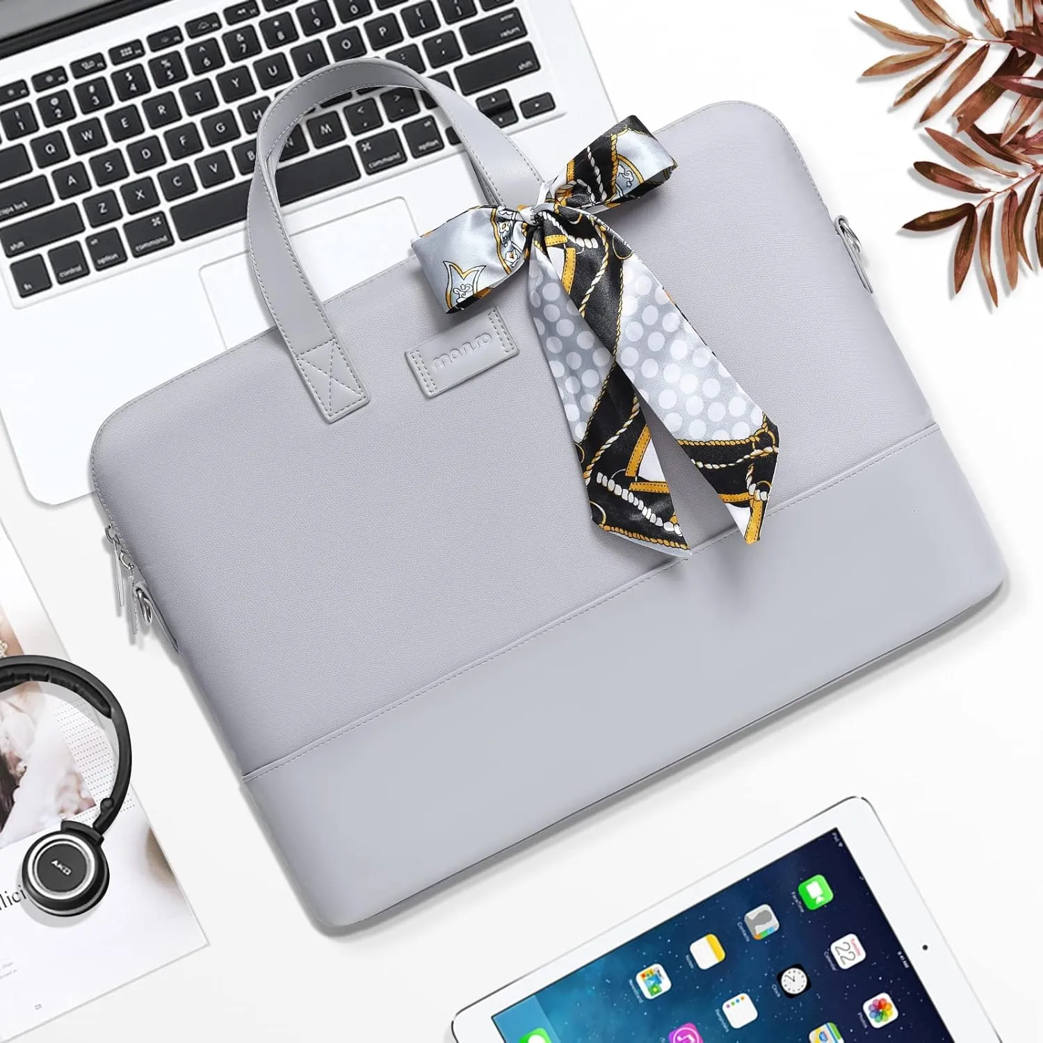 MOSISO Laptop Bag for Women, 13.3 inch Computer Bag Compatible with MacBook, HP, Dell, Lenovo, Asus, Razer Notebook, Laptop Shoulder Briefcase with Strap and Silk Scarf, Grey