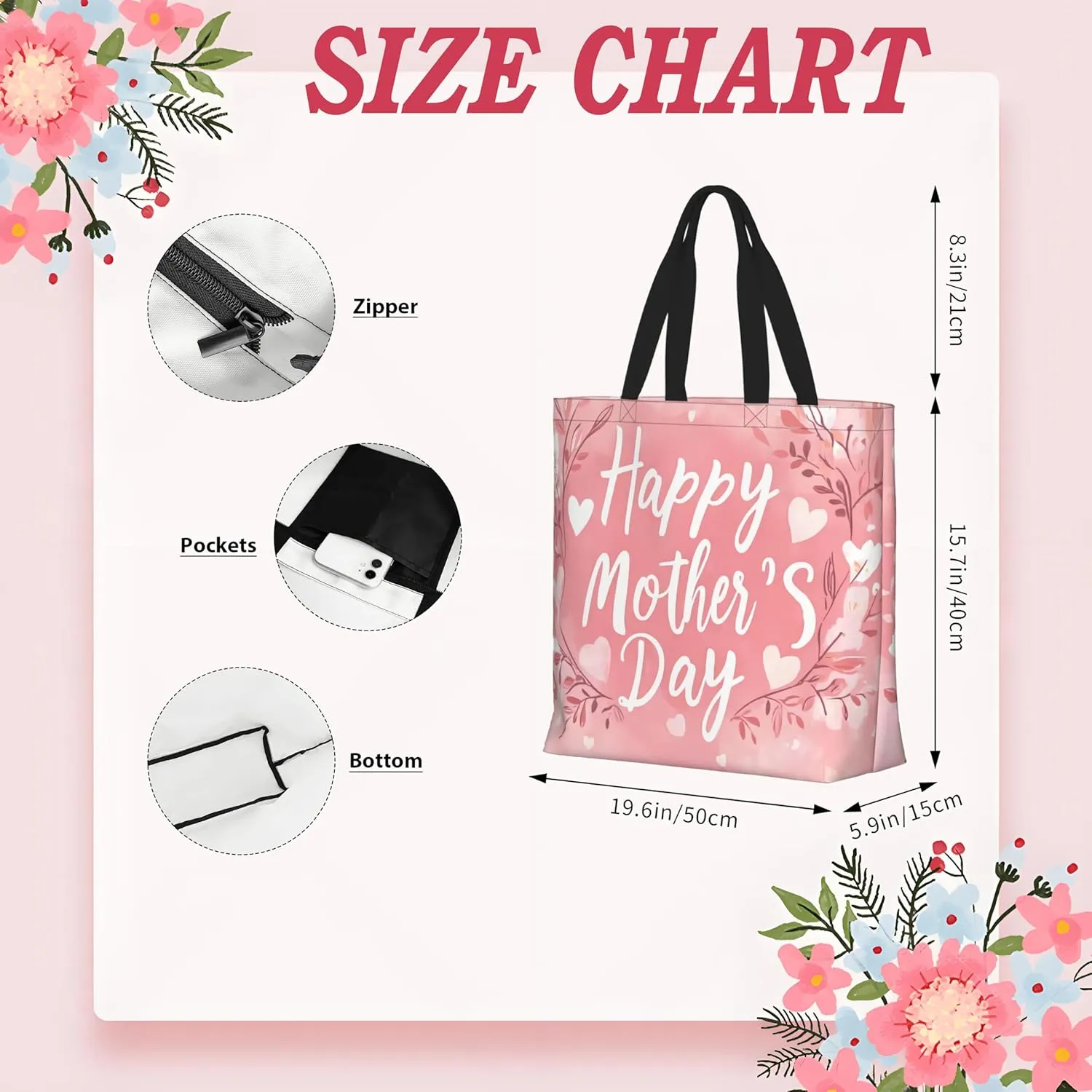 Mothers Day Tote Bag With Zipper Women Mom Bags Large Mama tote bag Reusable With Handles Mother Gifts