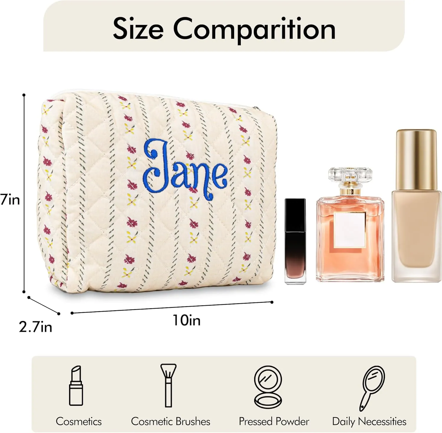 MT WORLD Cotton Floral Makeup Bag Personalized Travel Toiletry Bag with Embroidered Name Large Quilted Cosmetic Pouches for Women Girls Snack Bag Puffy Pouch Bridesmaid Gift (Pink Red)