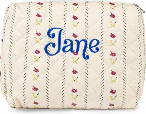 MT WORLD Cotton Floral Makeup Bag Personalized Travel Toiletry Bag with Embroidered Name Large Quilted Cosmetic Pouches for Women Girls Snack Bag Puffy Pouch Bridesmaid Gift (Pink Red)