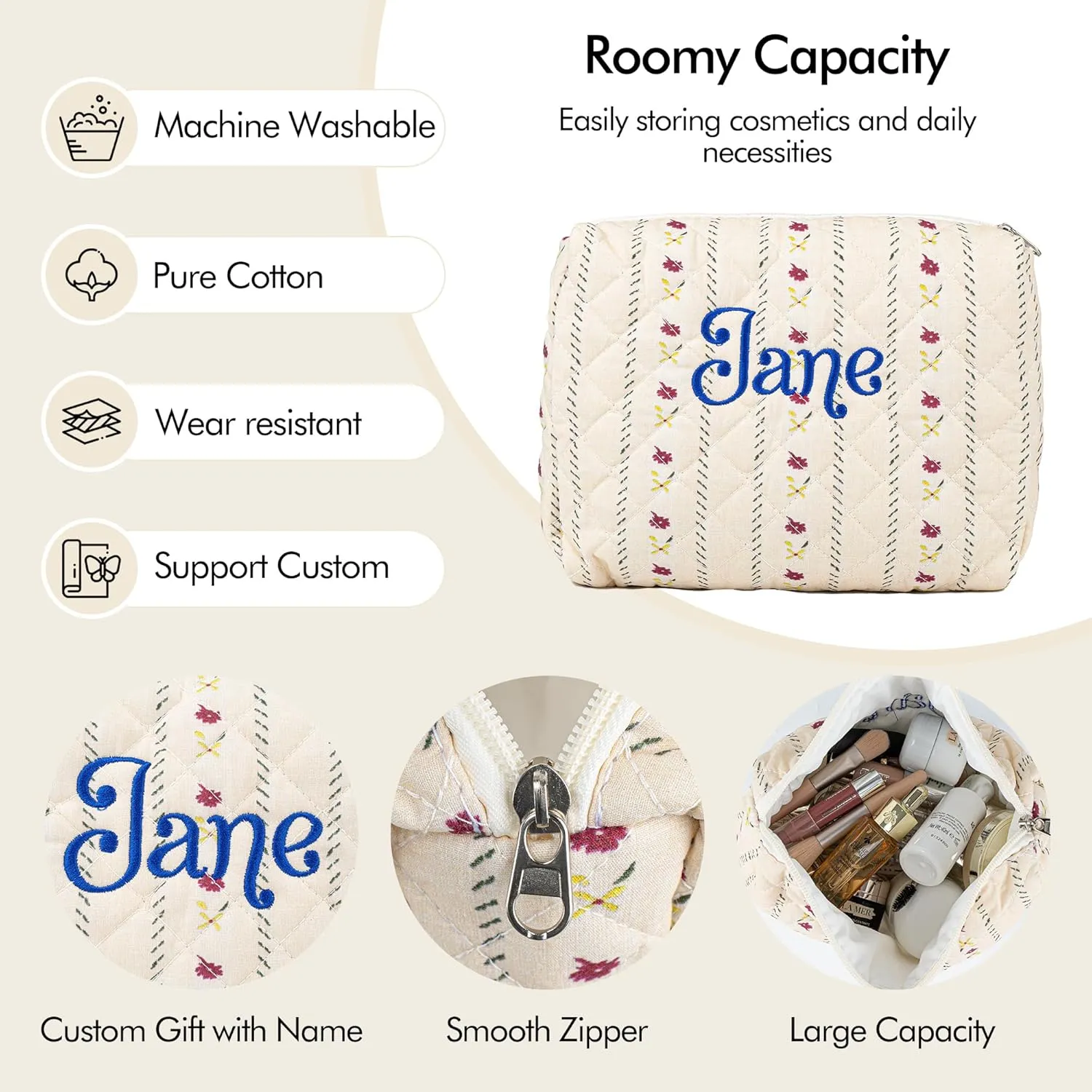 MT WORLD Cotton Floral Makeup Bag Personalized Travel Toiletry Bag with Embroidered Name Large Quilted Cosmetic Pouches for Women Girls Snack Bag Puffy Pouch Bridesmaid Gift (Pink Red)