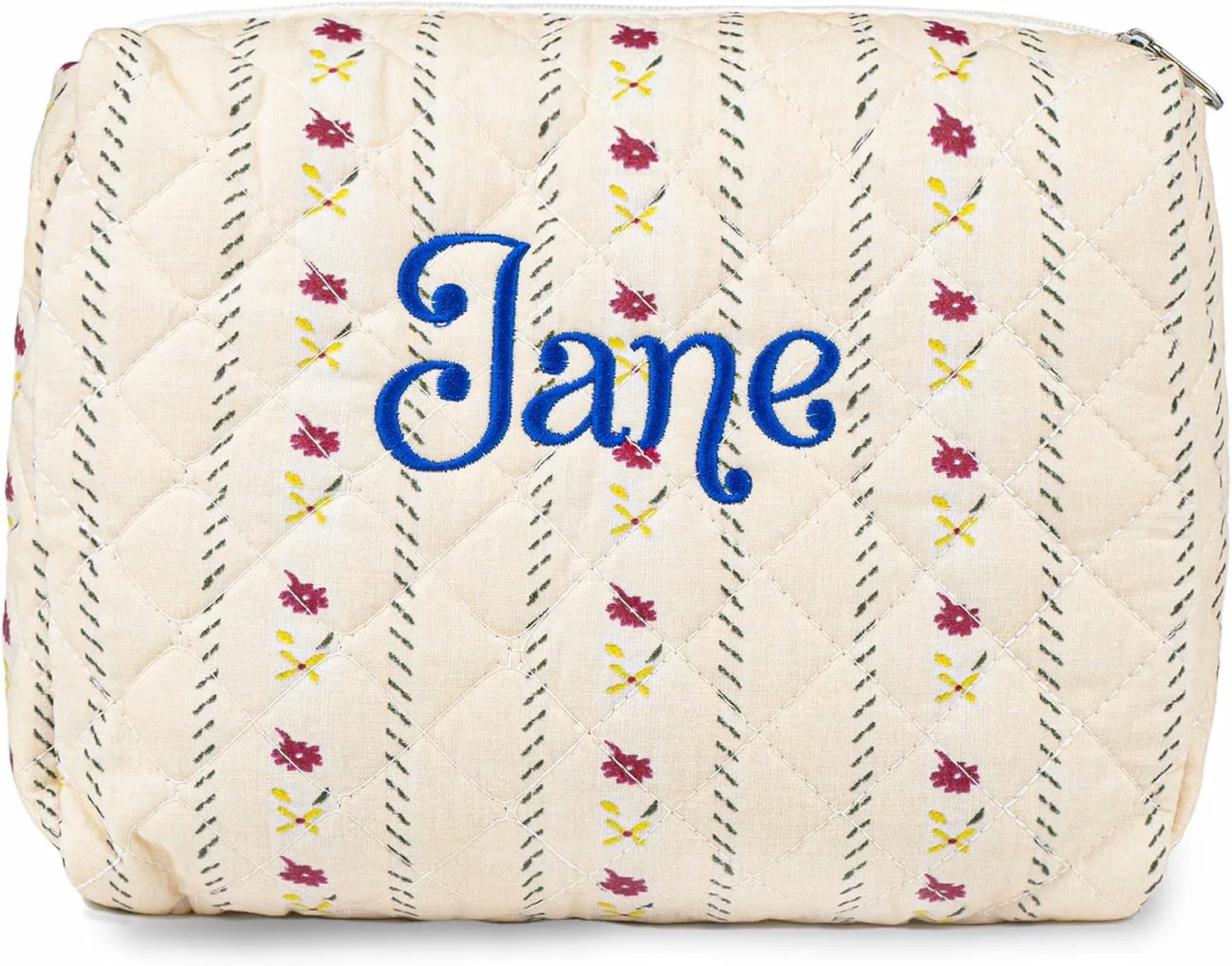 MT WORLD Cotton Floral Makeup Bag Personalized Travel Toiletry Bag with Embroidered Name Large Quilted Cosmetic Pouches for Women Girls Snack Bag Puffy Pouch Bridesmaid Gift (Pink Red)