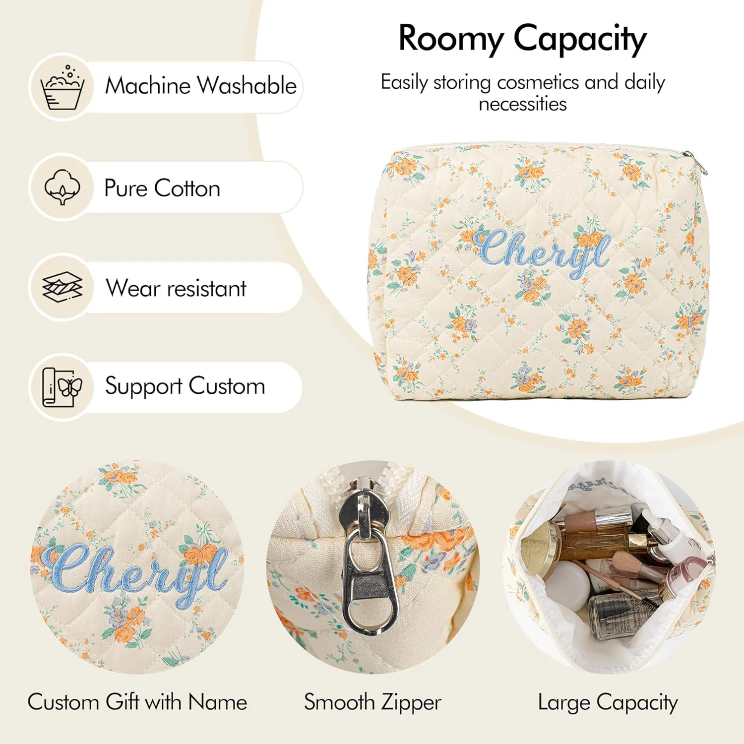MT WORLD Cotton Floral Makeup Bag Personalized Travel Toiletry Bag with Embroidered Name Large Quilted Cosmetic Pouches for Women Girls Snack Bag Puffy Pouch Bridesmaid Gift (Yellow Orange)