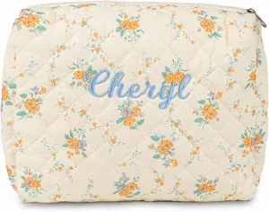 MT WORLD Cotton Floral Makeup Bag Personalized Travel Toiletry Bag with Embroidered Name Large Quilted Cosmetic Pouches for Women Girls Snack Bag Puffy Pouch Bridesmaid Gift (Yellow Orange)