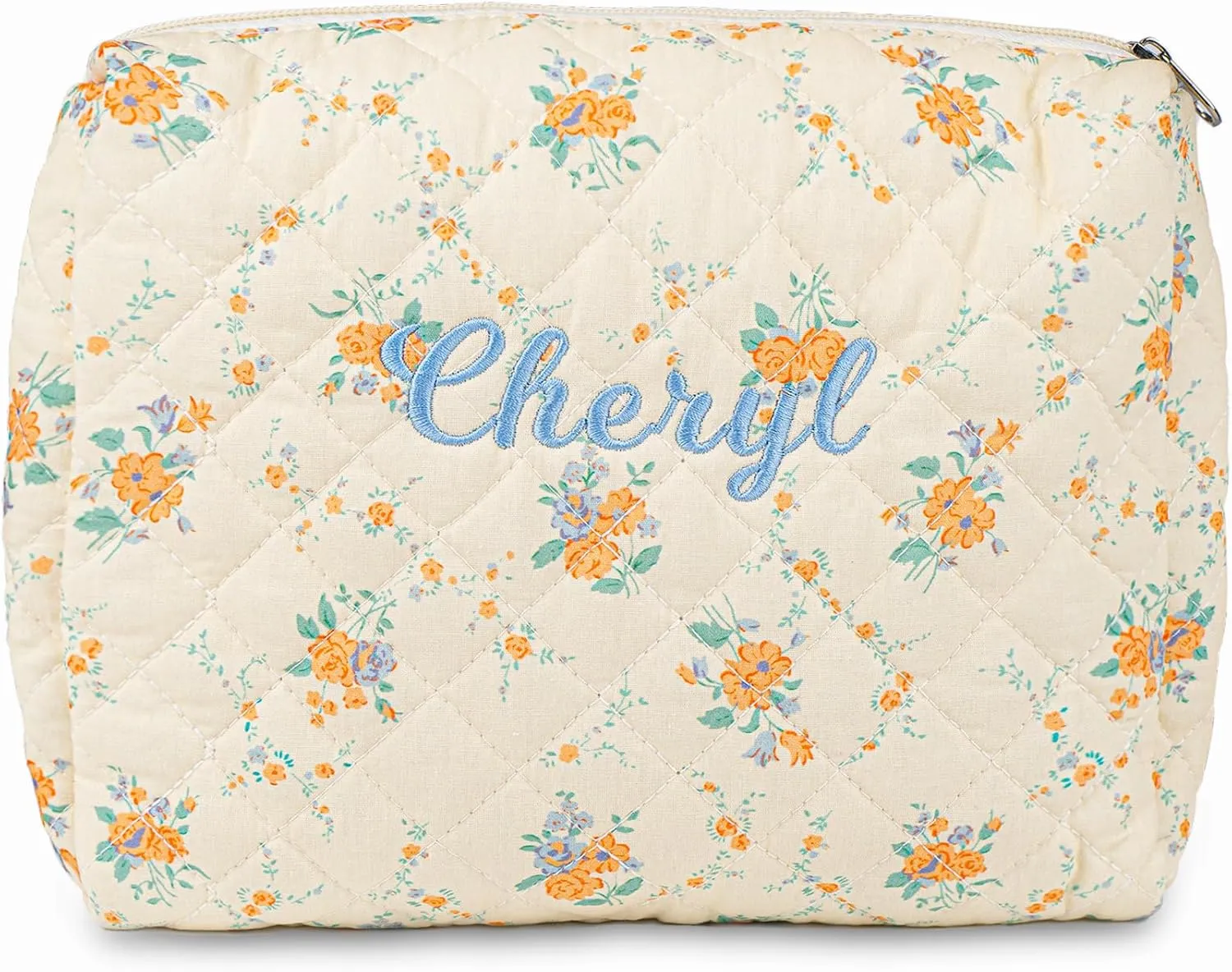 MT WORLD Cotton Floral Makeup Bag Personalized Travel Toiletry Bag with Embroidered Name Large Quilted Cosmetic Pouches for Women Girls Snack Bag Puffy Pouch Bridesmaid Gift (Yellow Orange)