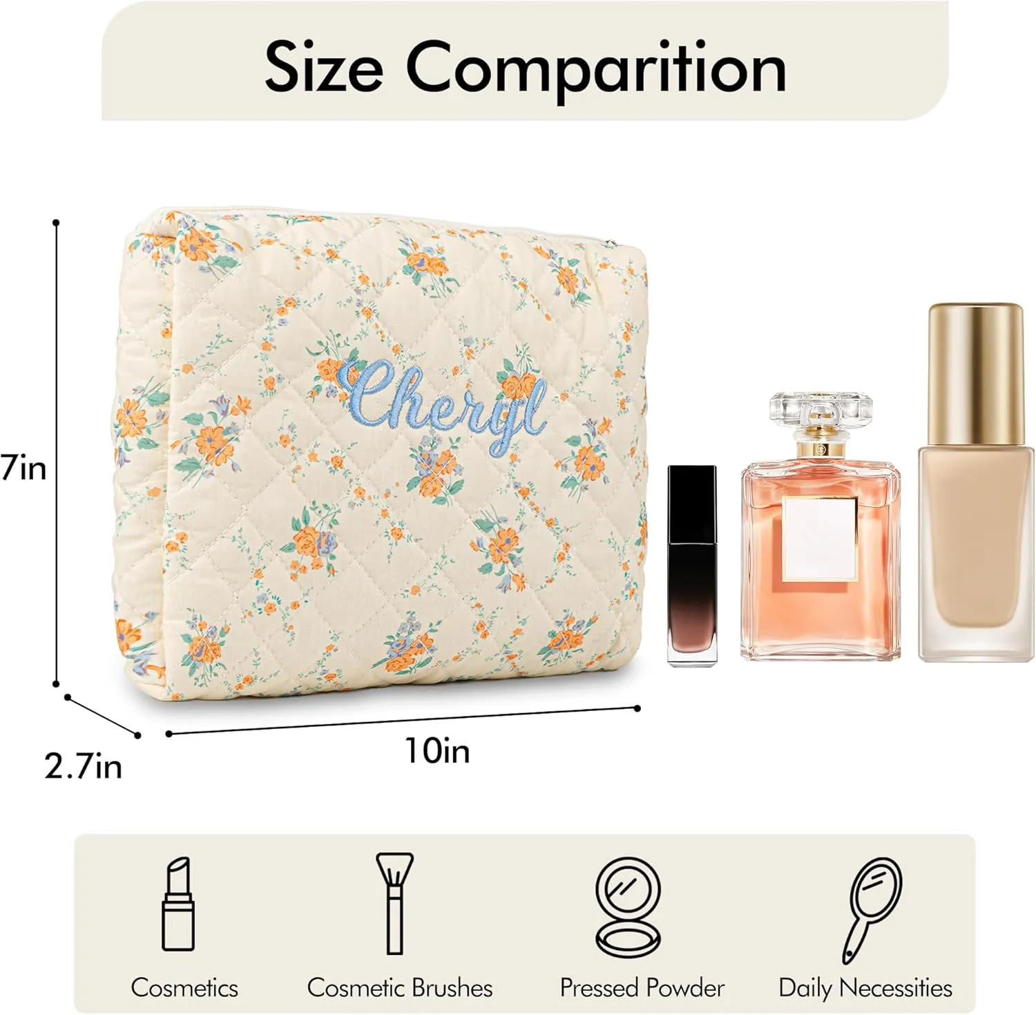 MT WORLD Cotton Floral Makeup Bag Personalized Travel Toiletry Bag with Embroidered Name Large Quilted Cosmetic Pouches for Women Girls Snack Bag Puffy Pouch Bridesmaid Gift (Yellow Orange)