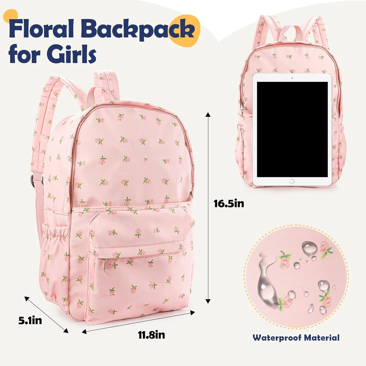 MT WORLD Floral Backpack Personalized Daycare Backpack with Name 16inch Flower Daypack with 2 Side Pockets & Spacious Interior Custom Daycare Bag for Overnight Daily Activities Birthday Gifts (Pink)