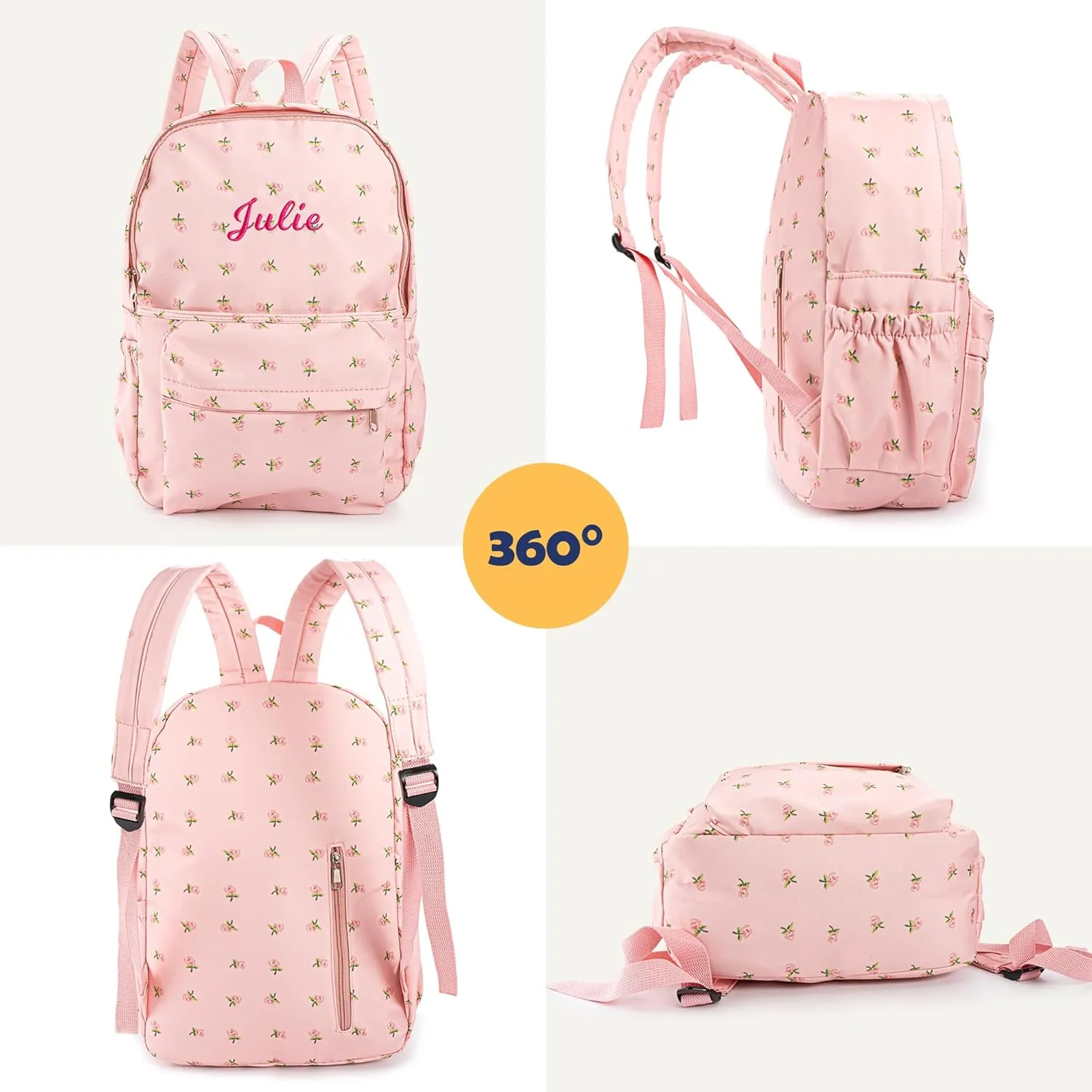 MT WORLD Floral Backpack Personalized Daycare Backpack with Name 16inch Flower Daypack with 2 Side Pockets & Spacious Interior Custom Daycare Bag for Overnight Daily Activities Birthday Gifts (Pink)