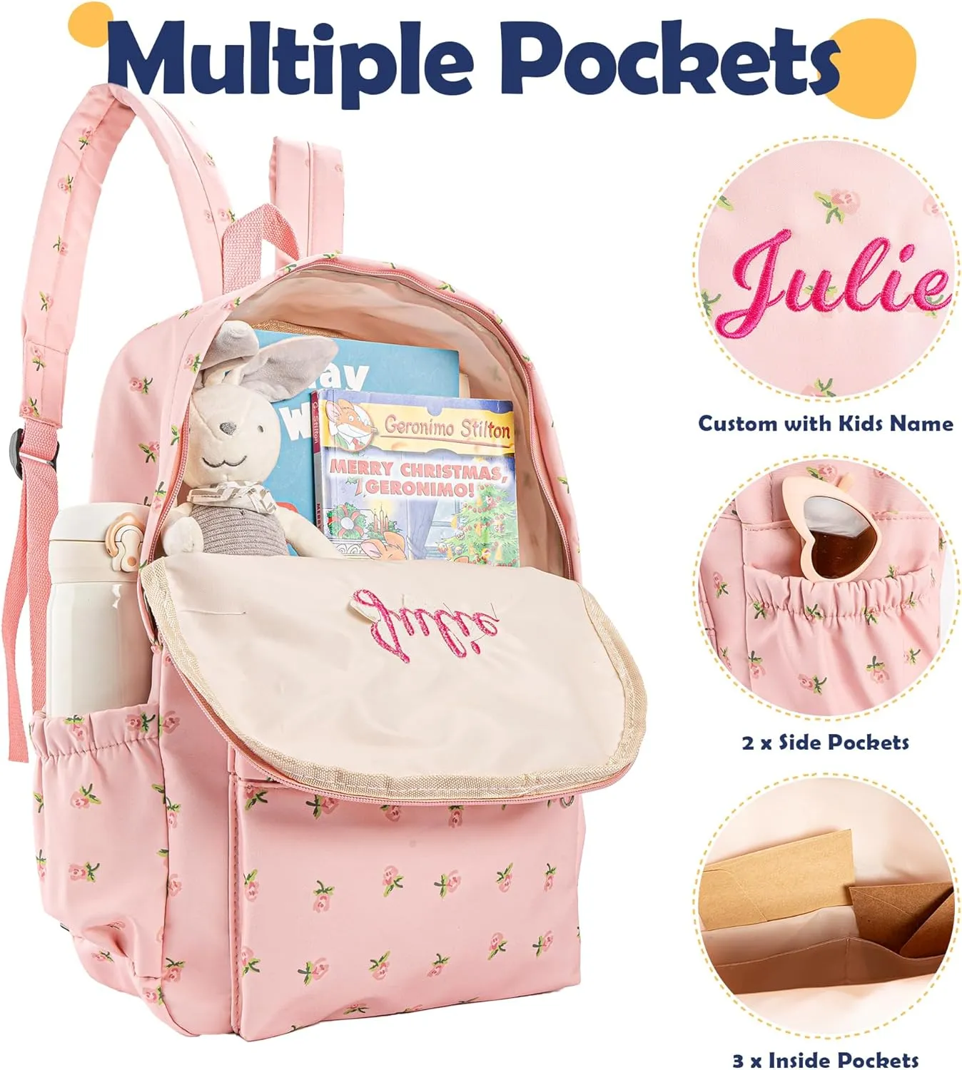 MT WORLD Floral Backpack Personalized Daycare Backpack with Name 16inch Flower Daypack with 2 Side Pockets & Spacious Interior Custom Daycare Bag for Overnight Daily Activities Birthday Gifts (Pink)