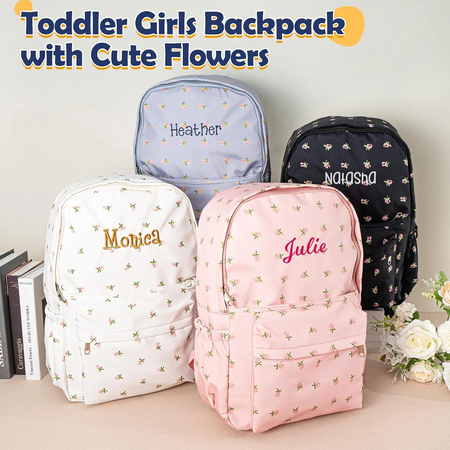 MT WORLD Floral Backpack Personalized Daycare Backpack with Name 16inch Flower Daypack with 2 Side Pockets & Spacious Interior Custom Daycare Bag for Overnight Daily Activities Birthday Gifts (Pink)
