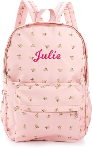MT WORLD Floral Backpack Personalized Daycare Backpack with Name 16inch Flower Daypack with 2 Side Pockets & Spacious Interior Custom Daycare Bag for Overnight Daily Activities Birthday Gifts (Pink)