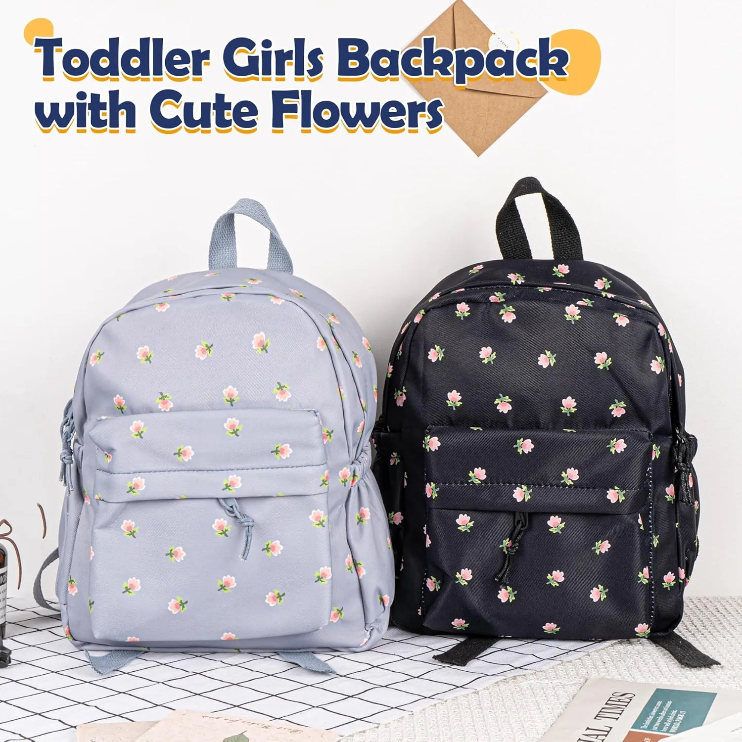 MT WORLD Floral Toddler Backpack Personalized Daycare Backpack Little Girls Daypack with Flower Custom Bookbag Gifts with Embroidered Name for School Overnigtht Daily Activities (Blue)