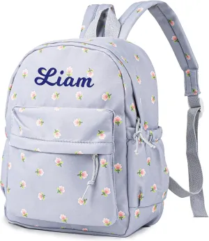 MT WORLD Floral Toddler Backpack Personalized Daycare Backpack Little Girls Daypack with Flower Custom Bookbag Gifts with Embroidered Name for School Overnigtht Daily Activities (Blue)