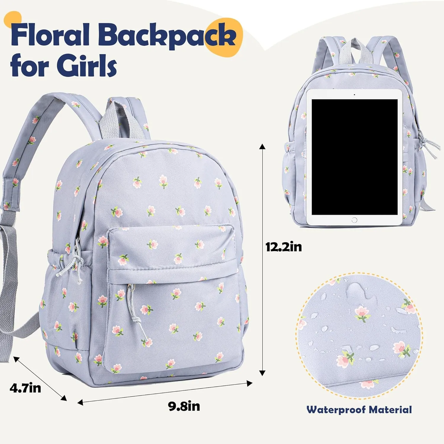 MT WORLD Floral Toddler Backpack Personalized Daycare Backpack Little Girls Daypack with Flower Custom Bookbag Gifts with Embroidered Name for School Overnigtht Daily Activities (Blue)