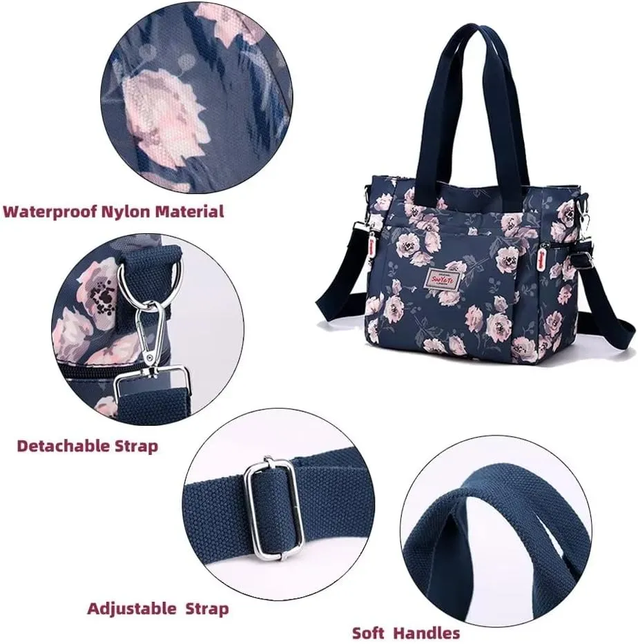 Mudono Tote Bag for Women Vintage Nylon Crossbody Purse Large Floral Shoulder Bag Casual Hobo Handbag Lightweight Satchel