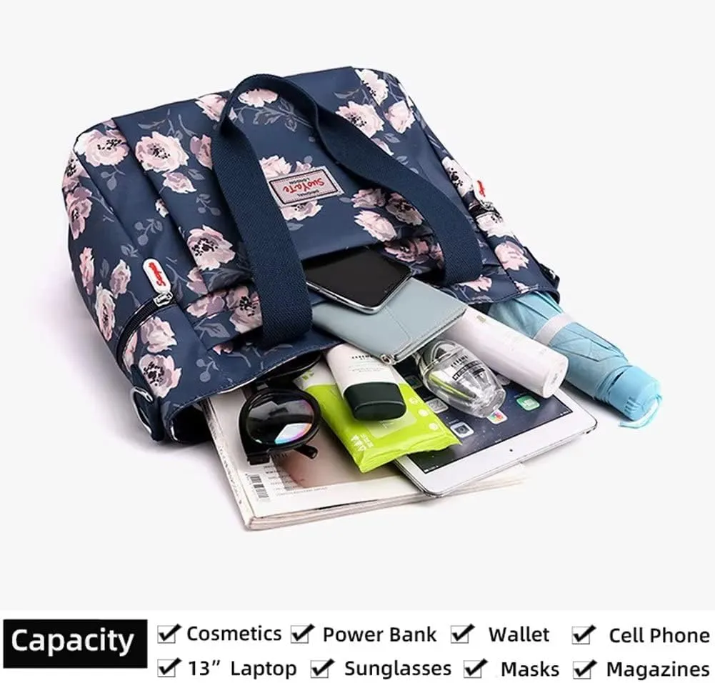 Mudono Tote Bag for Women Vintage Nylon Crossbody Purse Large Floral Shoulder Bag Casual Hobo Handbag Lightweight Satchel